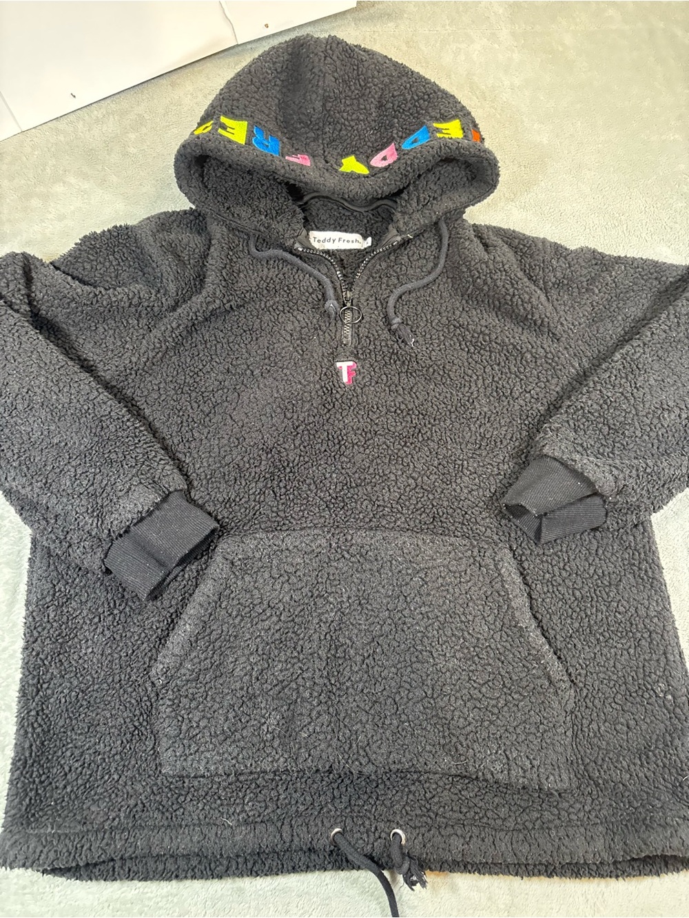 Teddy Fresh Black Sherpa 1/4 Zip Hoodie & Matching Bear Baseball Cap Bundle L
